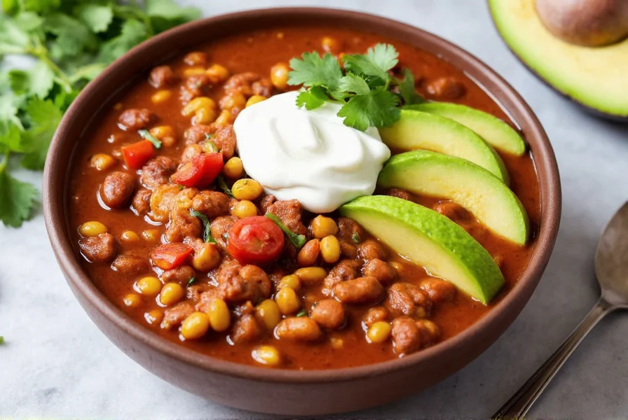 Finished chicken chili in bowl with toppings including avocado, sour cream, and cilantro
