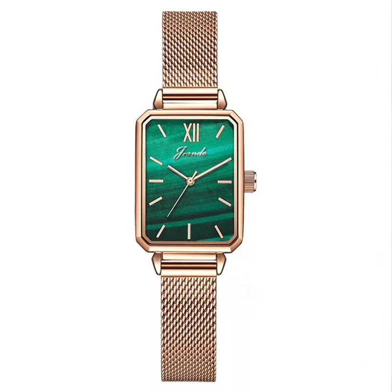 

Low MOQ Oem Customised Rose Gold Square Ladies Watch Green Dial Quartz Mesh Watch Women Wristwatches