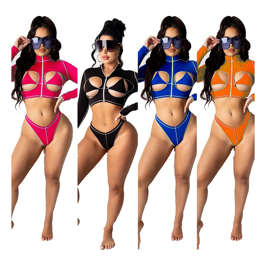 

Foma CY1319 summer 2021 girls sexy hollow out swimsuit beach bikini swimwear two piece set for women