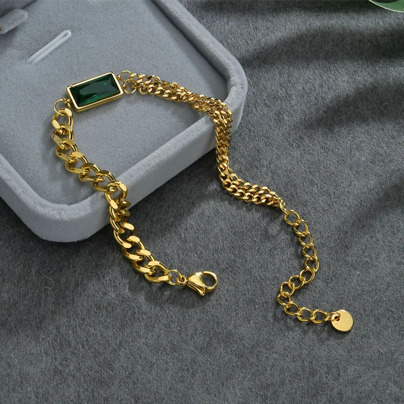 

Vintage Style 18K Gold Plating 316L Stainless Steel Diamond Cuban Chain Bracelets Luxury Emerald Link Chain Bracelets For Women