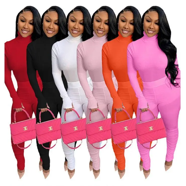 

2020 Fall New Stylish Solid Color Turtle Neck Stacked Pants Outfits 2 Piece Set Women