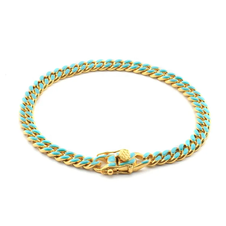 

Hip Hop Women Polish Custom Stainless Steel 18K Gold Plated Colorful Cuban Link Chain Hand Bracelet