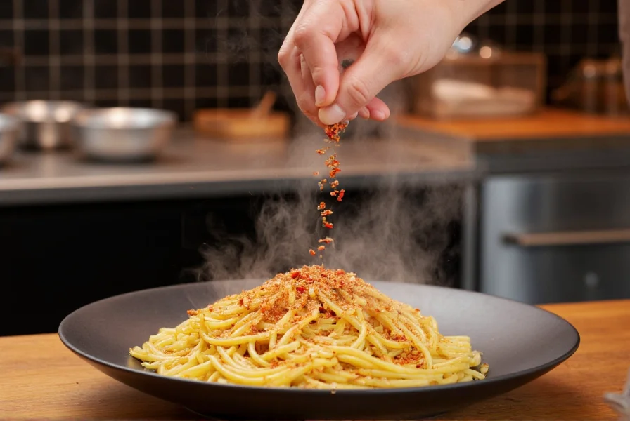 Chef's hand sprinkling crushed red chili flakes over finished pasta dish with steam rising