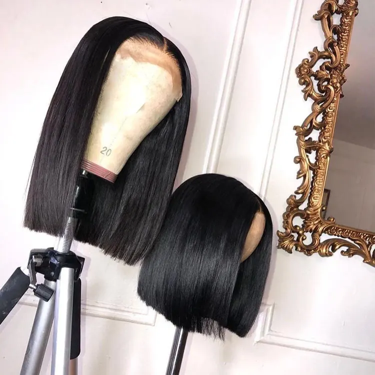 

High Quality Bleached Knots Brazilian 12 inches Straight Human Hair bob Wig
