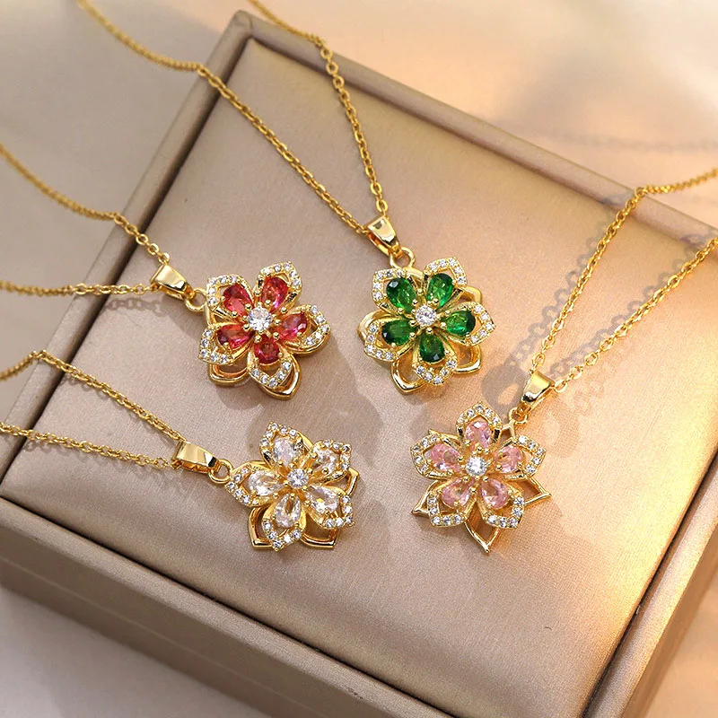 

Fashion Stainless Steel Rotating Zircon Flower Pendant Necklace Luxury Hollowed Out Women's Gold-Plated Choker Necklace Jewelry