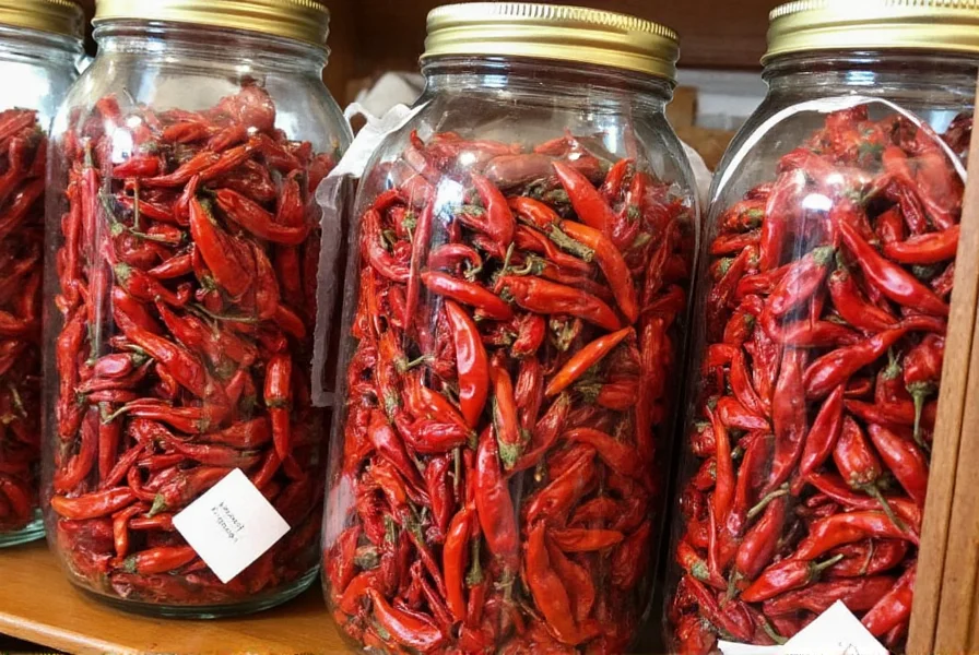 Properly dried chili peppers stored in glass jars with desiccant packets for long-term preservation