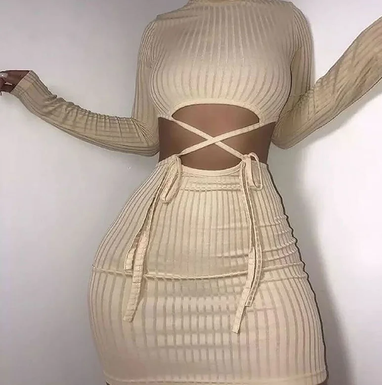 

Women Bandage Dress Crop Top Mini Skirts Sleeve Hollow Out Ribbed Bodycon Elastic Hight Ladies sets two piece dresses women, Khaki,black