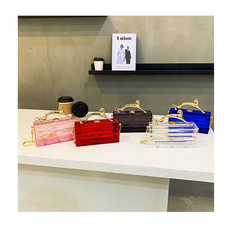 

Transparent Acrylic Box Women Banquet Bags Luxury Metal Handle Striped Clutch Purses Clear PVC Crossbody Bags Chain Shoulder Bag
