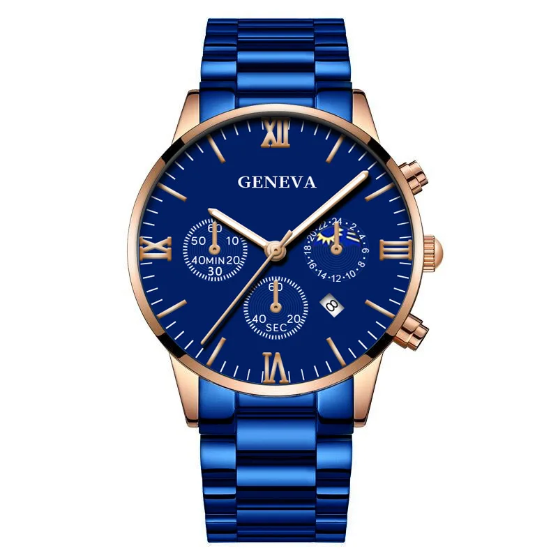 

Geneva new temperament business men's steel strap Watch imitation three dials calendar Roman number Quartz Watch