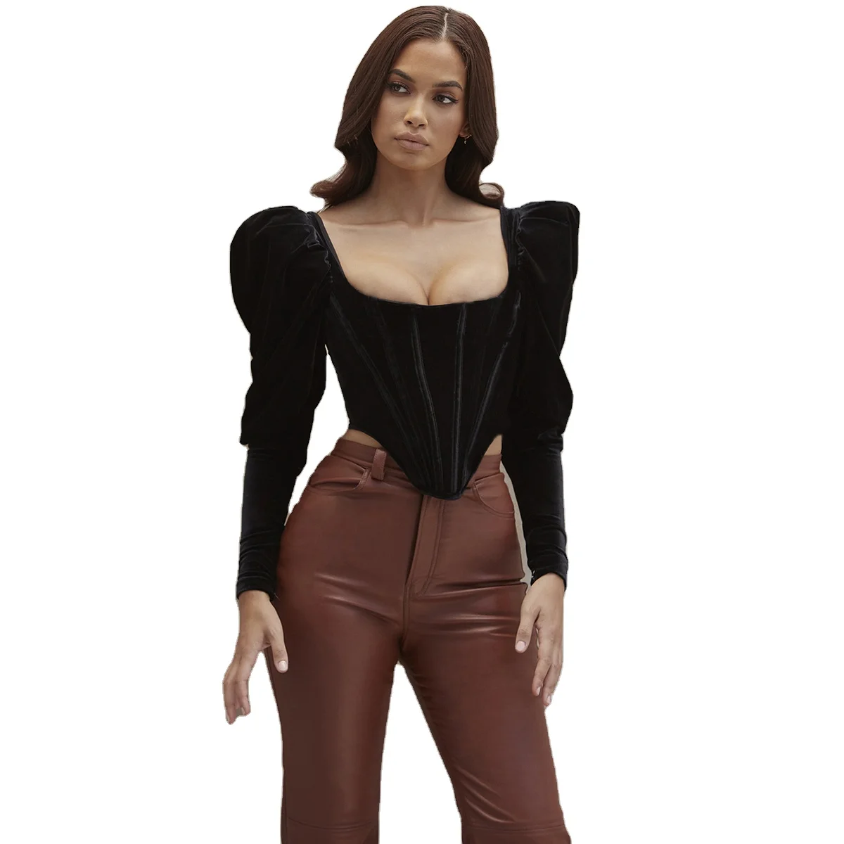 

RJ15L90 fashion sexy long puff sleeve square collar high shoulder short women upper casual clothing, Shown