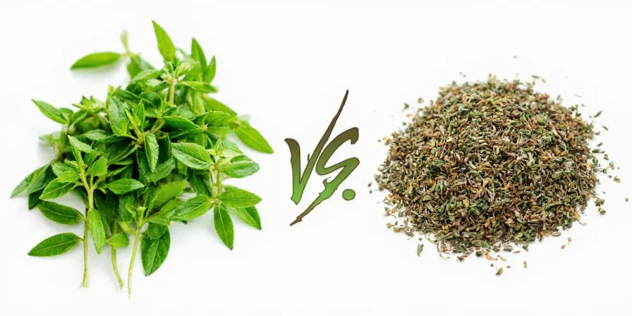Side-by-side image of fresh and dried thyme