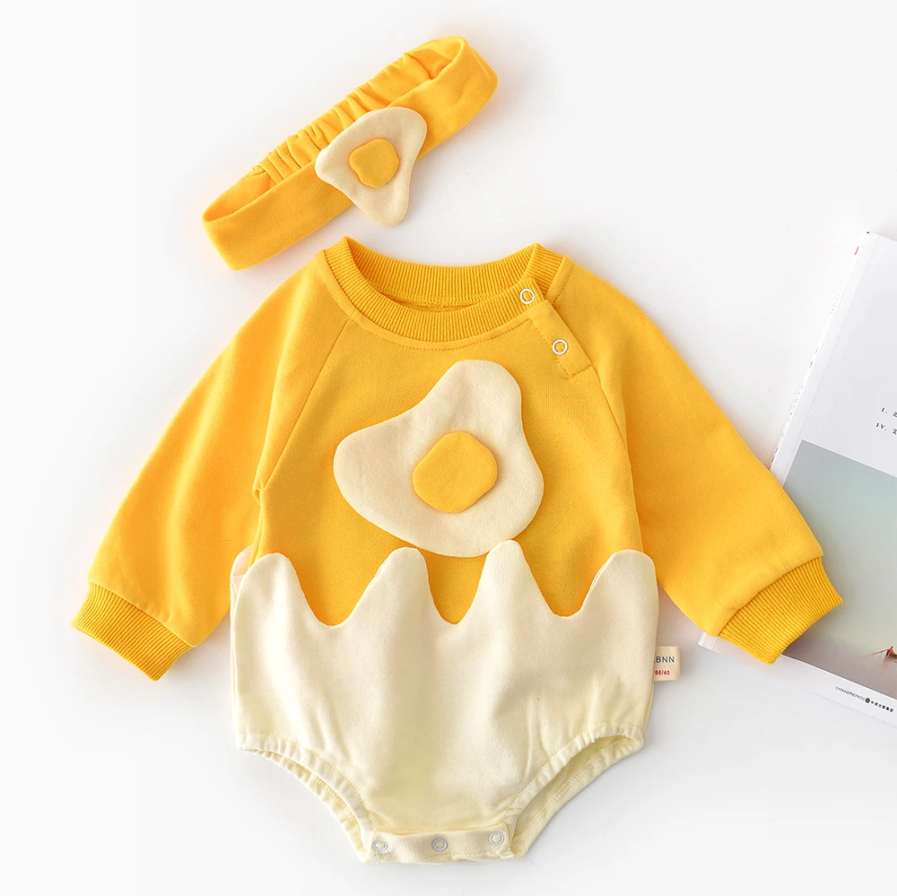 Cute poached egg applique yellow fall infant baby boy suits toddler romper