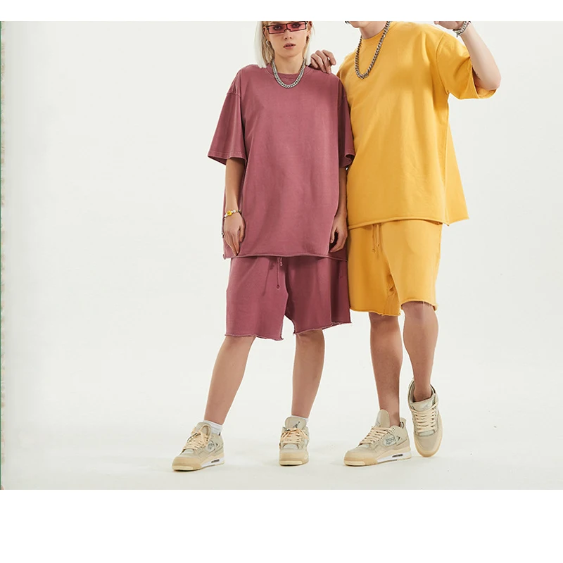 

Hot sale solid plain color custom logo 2pc set wash t shirt
