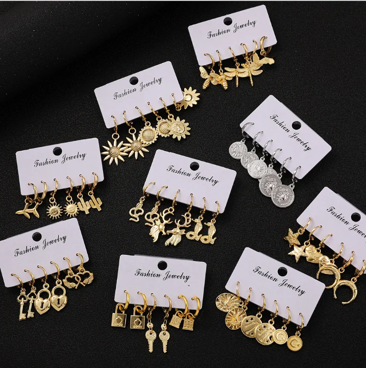 

Barlaycs 2021 Mixed Designs Stainless Steel 14K Gold Plated Star Moon Stud Earrings Set for Women Fashion Jewelry