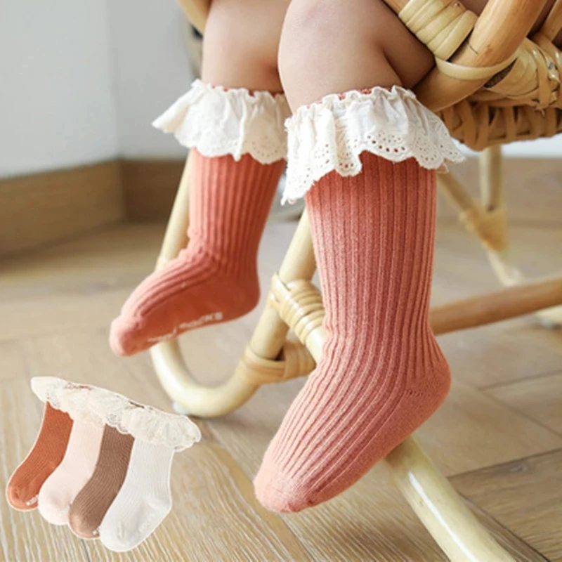 

0-3 Years Cute New Kids Toddlers Knee High Long Soft Cotton Lace Frill Baby Socks Anti Slip For Girls, Picture shows