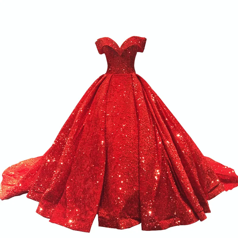 

C917 Women Sequin Beaded Wedding Maxi Dresses Red Wedding Ball Gown Sequined