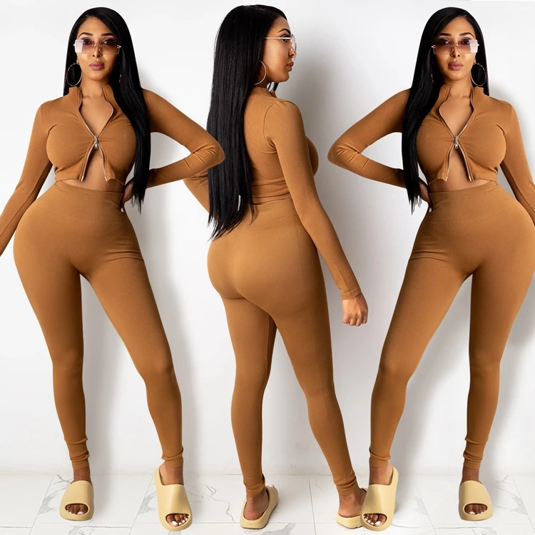 

Fall 2021 Women Clothes Long Sleeve Knit Set with Zipper Two Piece Outfits Leggings Set Woman Solid Tracksuit, 5 colors