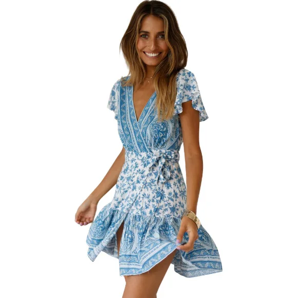 

2021 spring and summer new product hot sale S-5XL holiday style v-neck print casual dress women's clothing