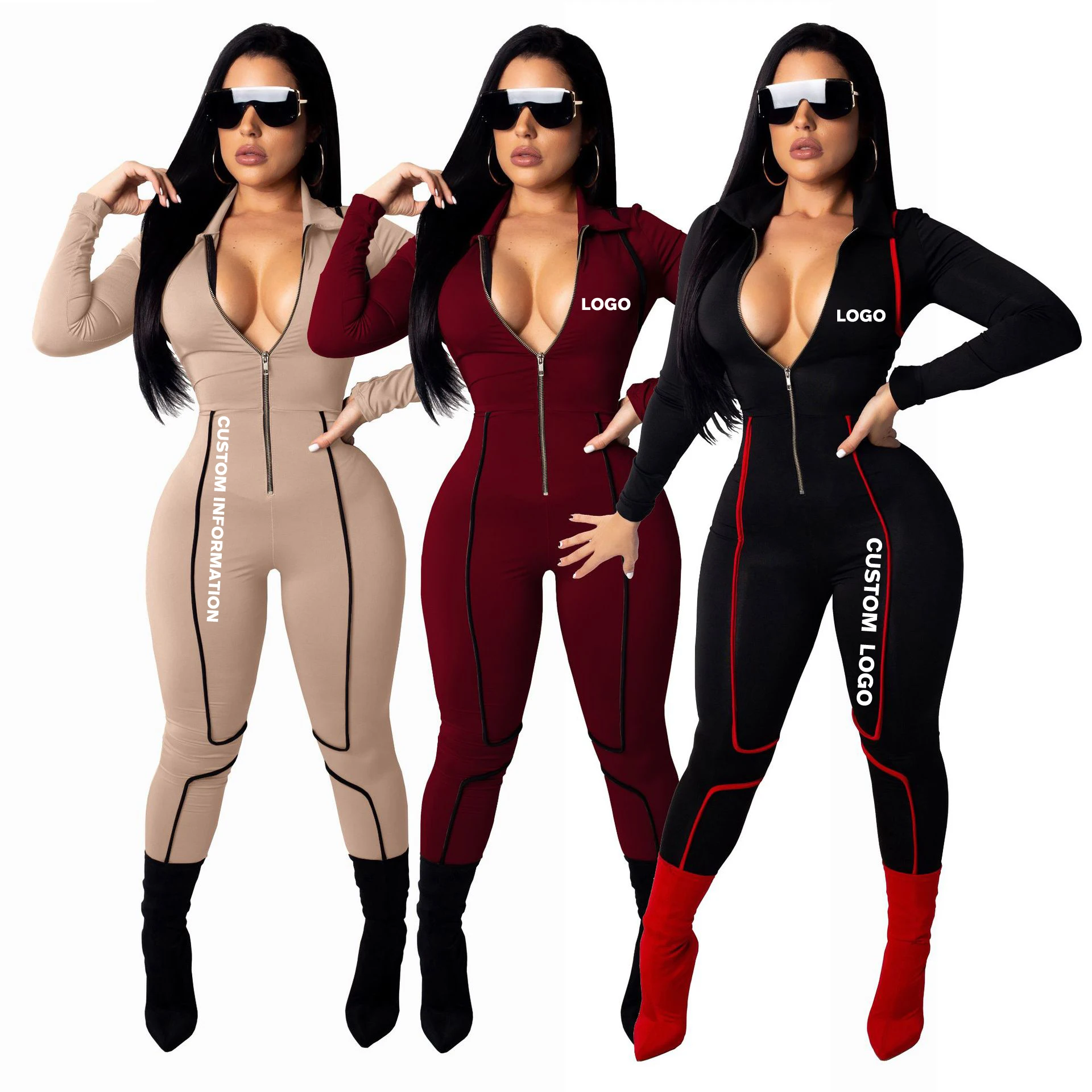 Free Shipping Best Selling Stylish Zipper Fall Fashion Long Sleeve Women Jumpsuits Casual Clothing