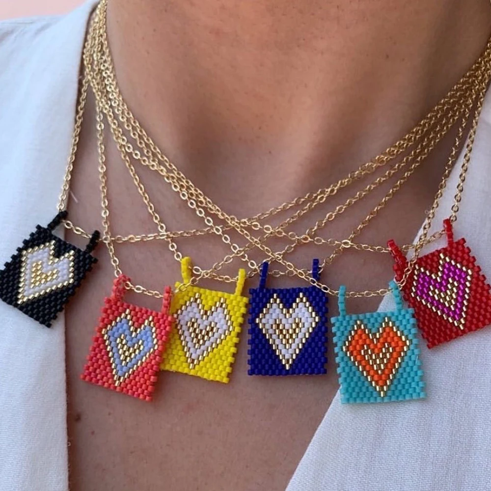 

Go2boho New In Miyuki Bead Handmade Love Heart Charm Pendant Boho Necklace Gold Chain Boho Summer Jewelry