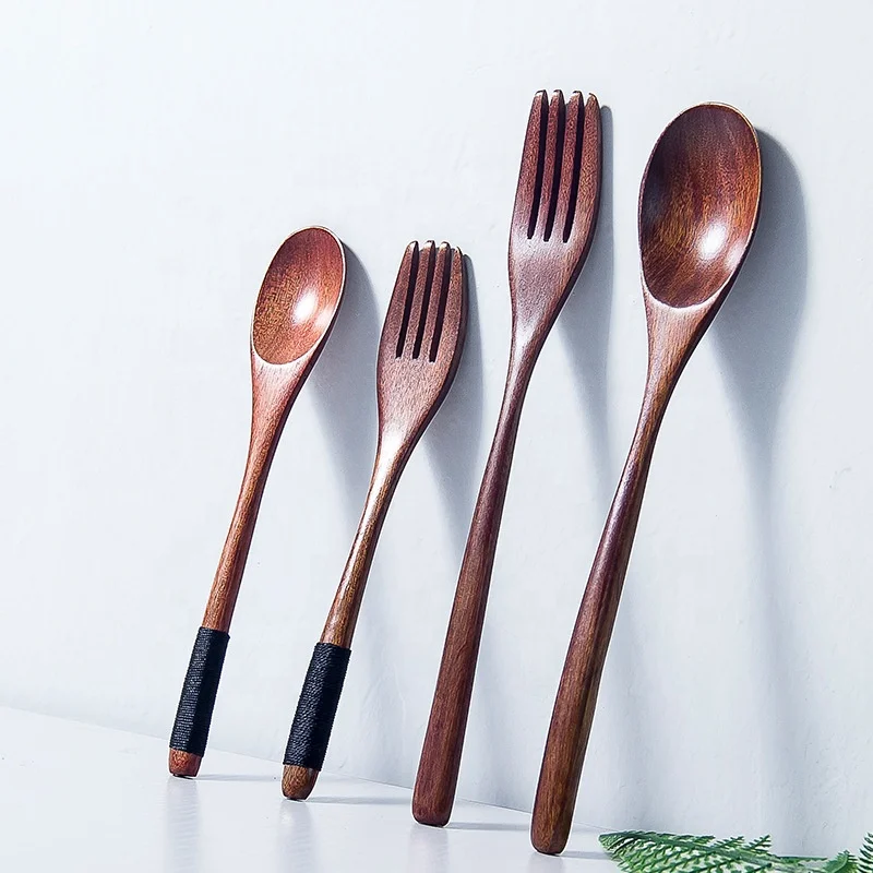 

Japan Dining Long Handle Wood Spoon Fork Salad Fruit Dessrt Fork Creative Tea spoon Coffee Spoon, Natural
