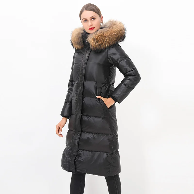 

2020 OEM Custom Large Real Raccoon Fur Hooded Waterproof Women 90% Shiny Duck Down Puffer Jacket