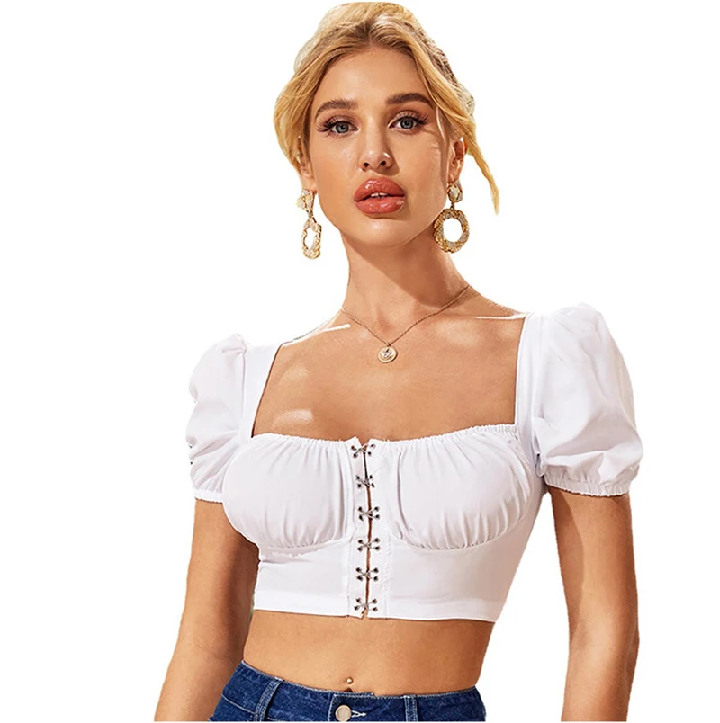 

Hot Selling Women Sexy Square Collar Cute Puff Sleeve Solid Color Black Blouse Tops