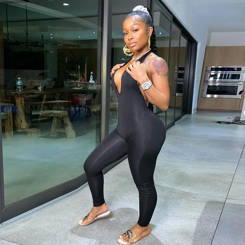 

black one piece slim fit jumpsuits short Breathable Jumpsuits Sleeveless Knitted block romper mesh jumpsuit for women