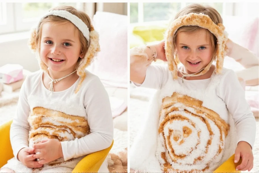 Step-by-step visual guide showing how to construct a cinnamon roll costume with fabric layers, foam swirl structure, and icing details