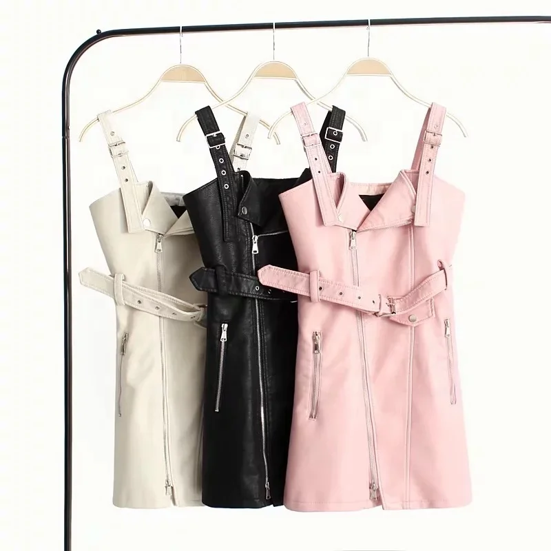 

B62012A Hot style skirt with belt skirt for women's autumn 2019 new European and American PU leather dress