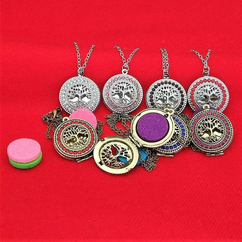 

Crystal Tree of life Aromatherapy Essential Oil Diffuser Necklace Perfume Open Lockets necklaces Chains with Refill Pads Jewlery