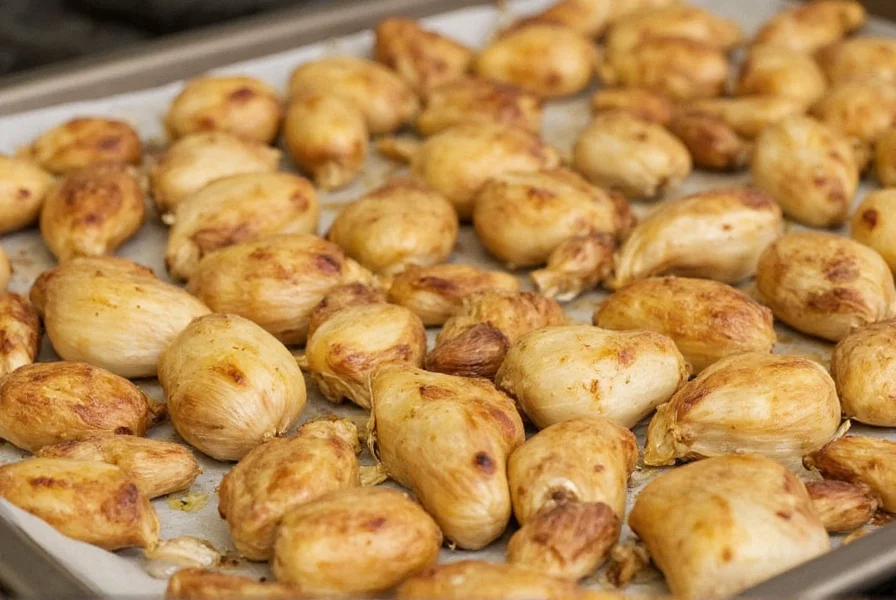Fresh garlic cloves arranged on baking sheet before roasting