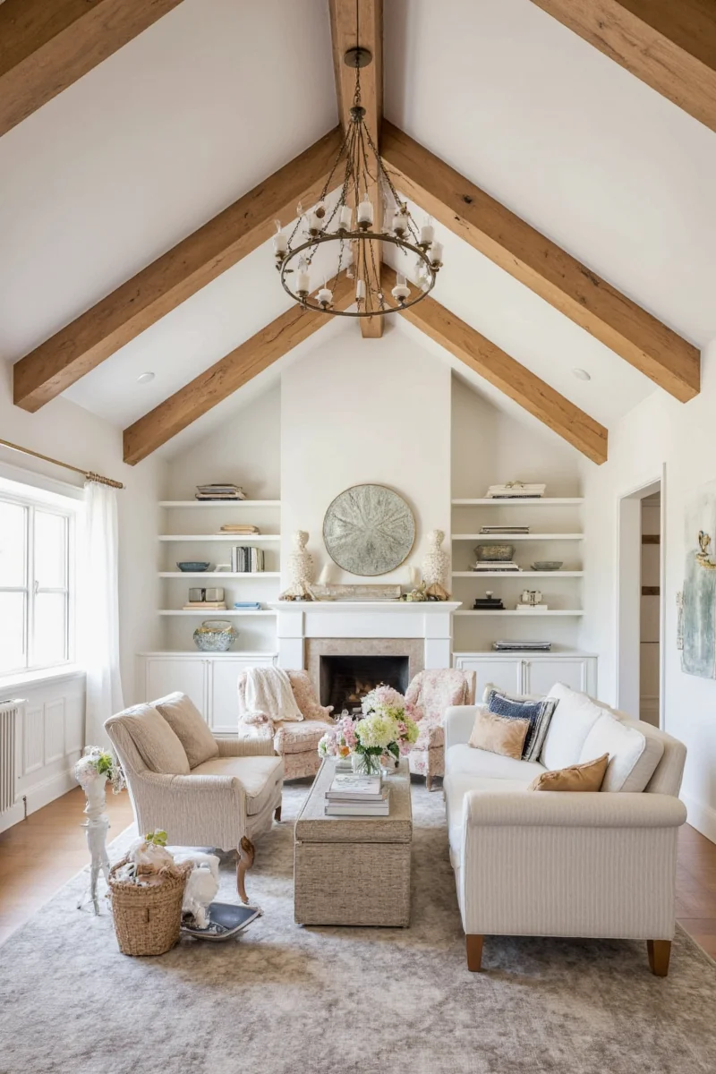 Living Room With Wooden Beams