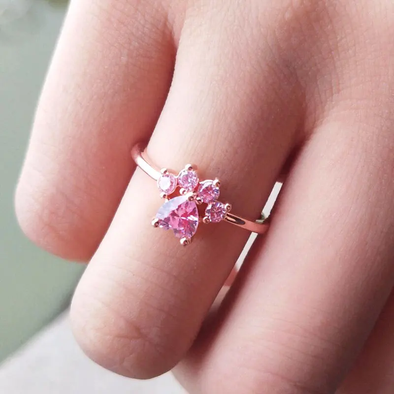 

cat dog paw ring open rose gold silver pink crystal adjustable paw ring, Picture