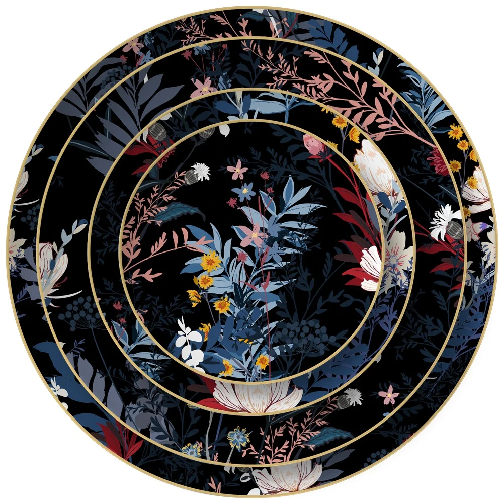 

Factory Professional Customized Size High End Ceramic Tableware Flower Pattern Black Porcelain Plates