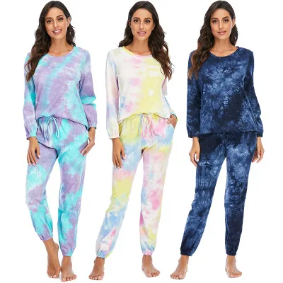 

2020 Top selling Casual tie dye lady home wear sets Camouflage printing Plus Size two piece womans outfit sleepwear pajamas set, As pic.