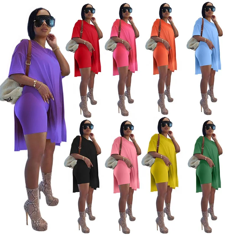 

2021 High slit shirt and shorts two-piece clothing women's summer suit