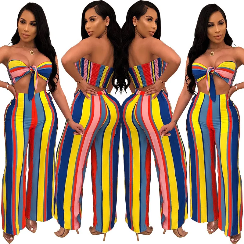 

Beautiful women's print stripe sexy two piece set clothing