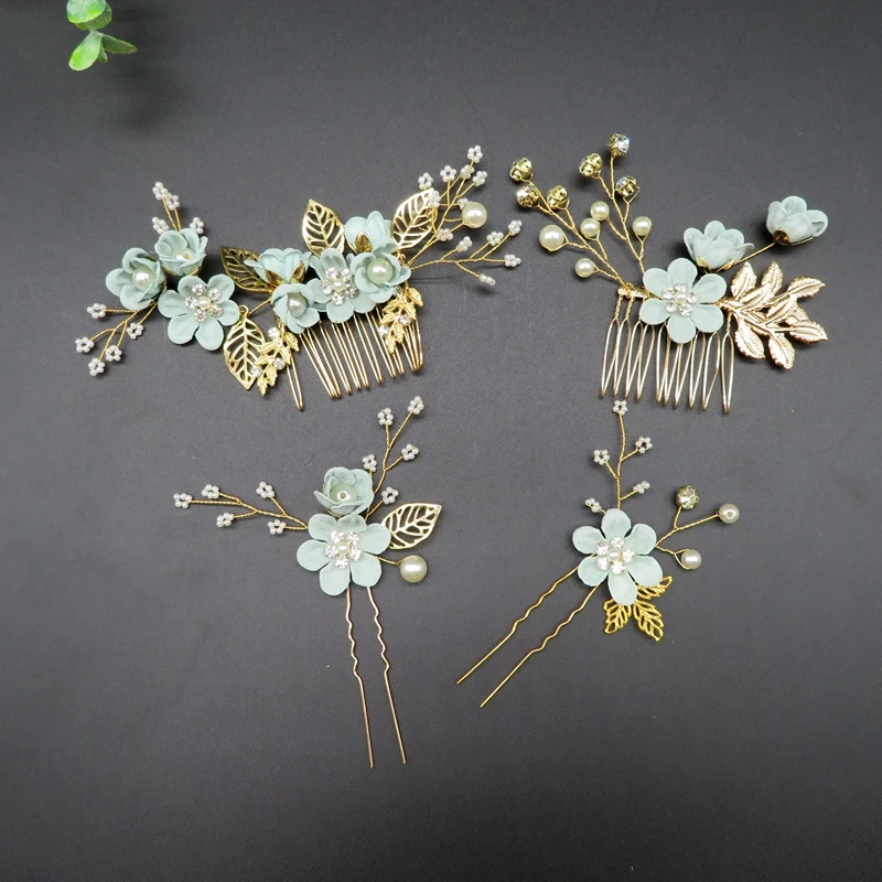 

4pcs/set Green Flower Leaf Design Rhinestone Crystal Pearl Hair Comb Fairy Wedding Bridal Side Hair Comb Pins Headpiece