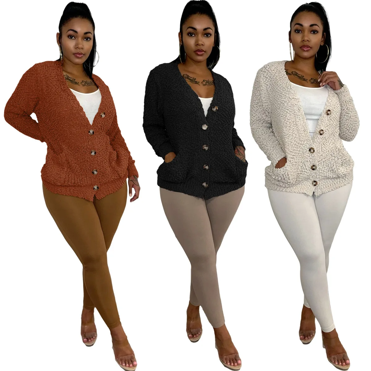 

2021 New Winter Solid Long Sleeve V Neck Fleece Cardigan For Women Button Thick Cardigan Sweater