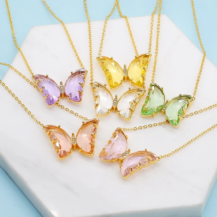 

colorful glass 18K gold plated pendant crystal butterfly necklace, Picture