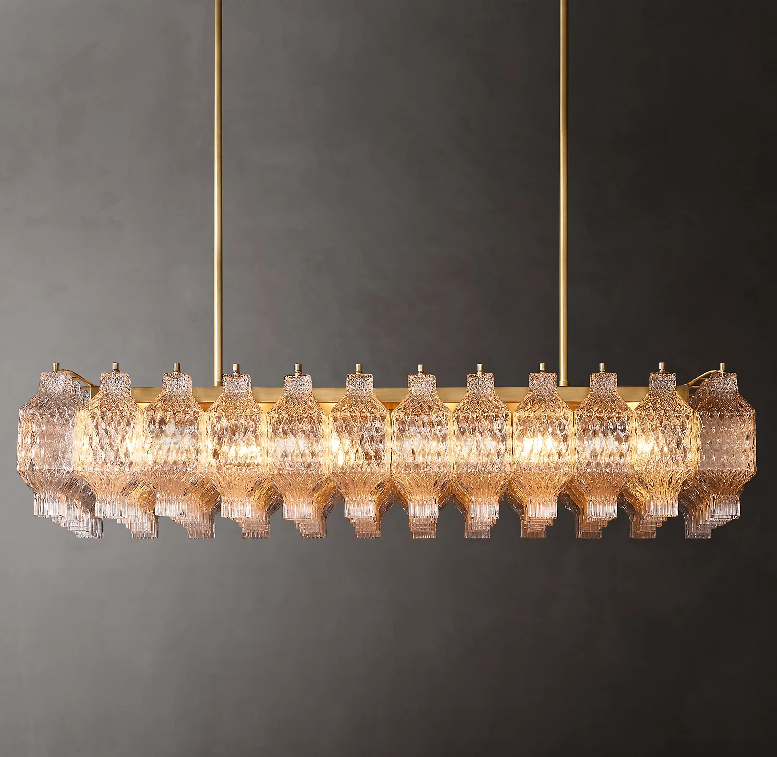 

Retro Hotel Lobby Living Room Home Decoration Light Modern Hanging LightingHandblown Glass Rectangular Chandelier 54" CZ2889/12, Lacquered burnished brass