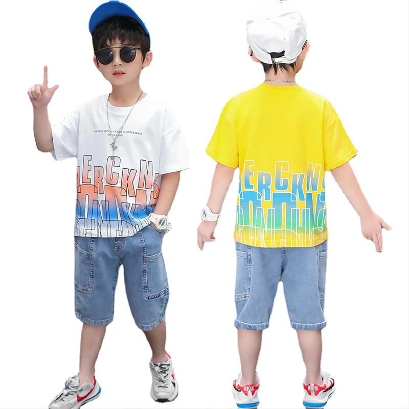 

New design 3-12 Years Cool Kids Hot Boys Jeans Children Baby Boys Wear Clothing Cotton T Shirt+denim Jeans Pants 2pcs Set, "white yellow "