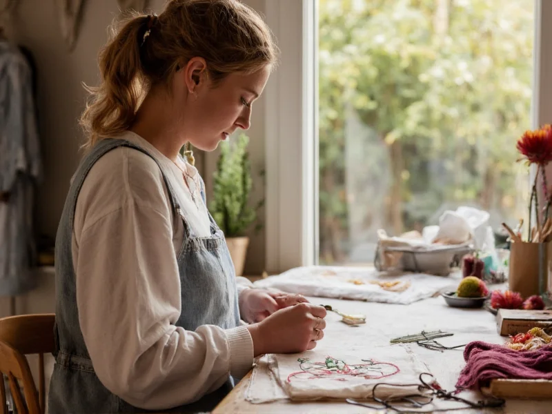 Woman practicing mindful embroidery with natural light
