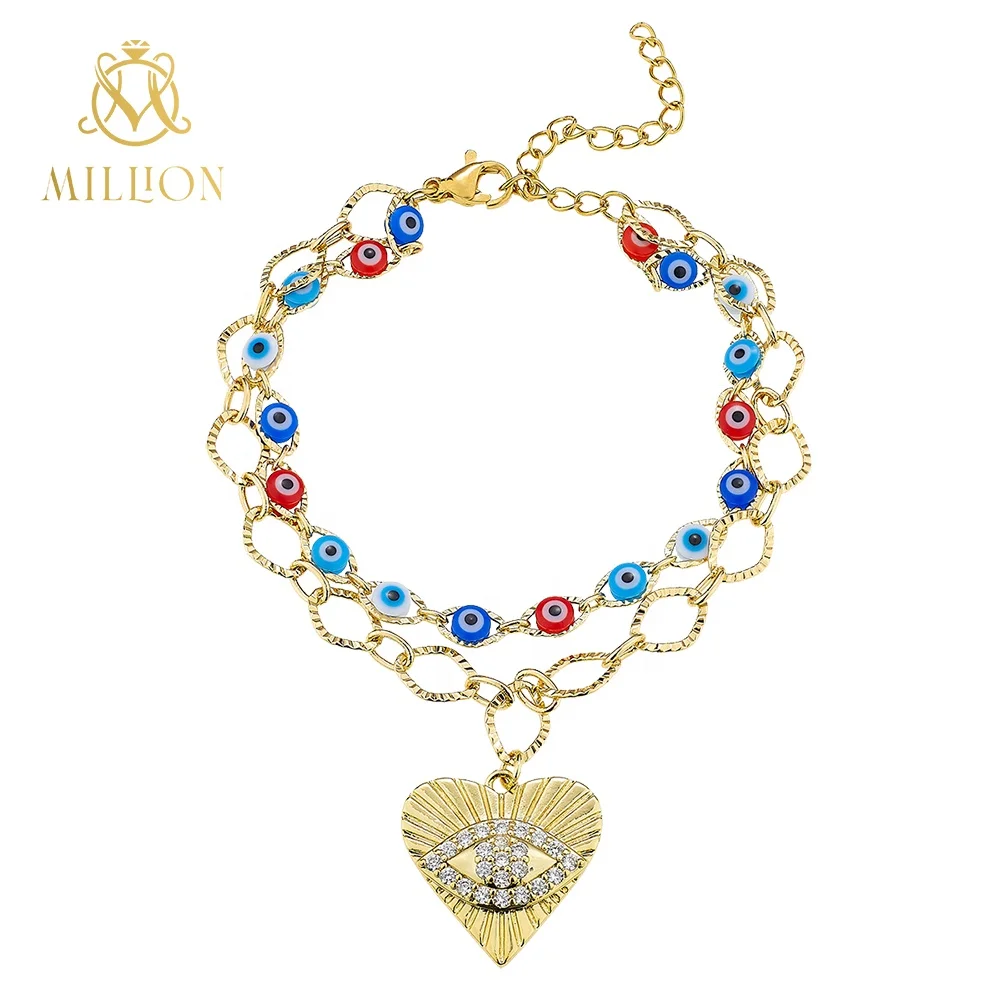 

Fashion Jewelry Stainless Steel Solid Gold Double Charming Evil Eye beaded bracelet Heart Pendant Bracelet