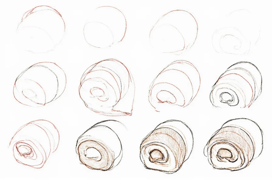 Step-by-step illustration showing the spiral structure of a cinnamon roll with labeled components: dough layers, cinnamon filling, icing drizzle, and cross-section view