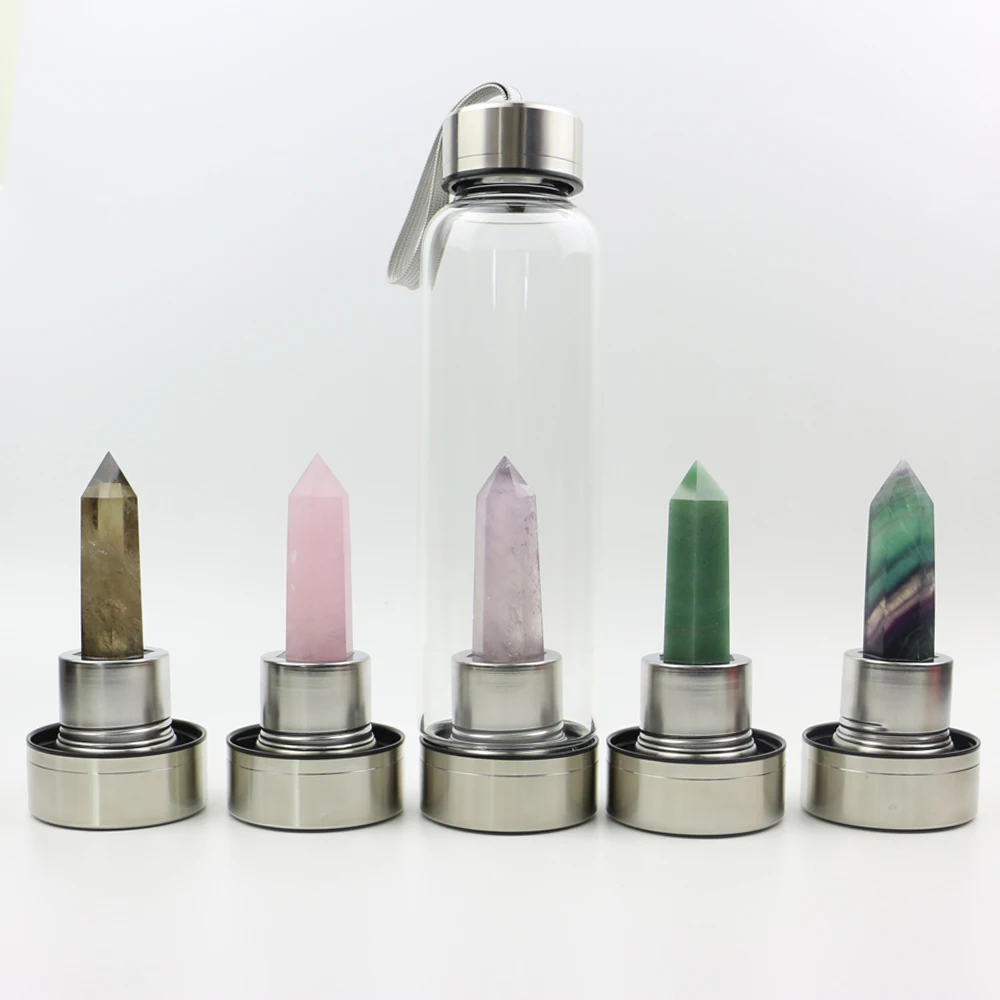 

Eco-friendly 550ml Creative High Borosilicate crystal Water Bottle with Gemstone Rose Quartz Custom Logo stainless steel Lid