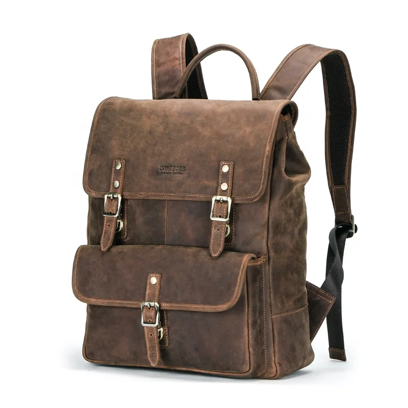 

wholesale Contact's genuine cow leather 13 inch laptop backpacker custom mens travel backpacker in low price, Coffee