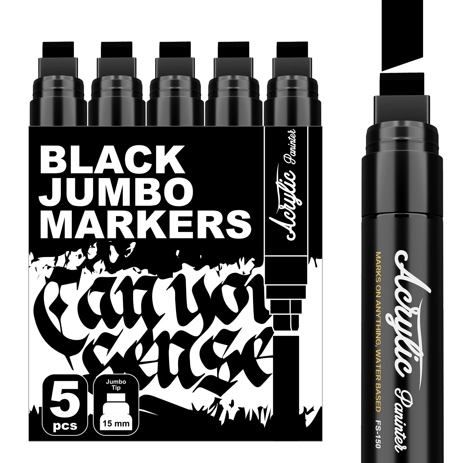 5 Pack Black Jumbo Acrylic Paint Markers with Flat Brush Tip Permanent Ink for Wood Canvas Stone Made of Plastic