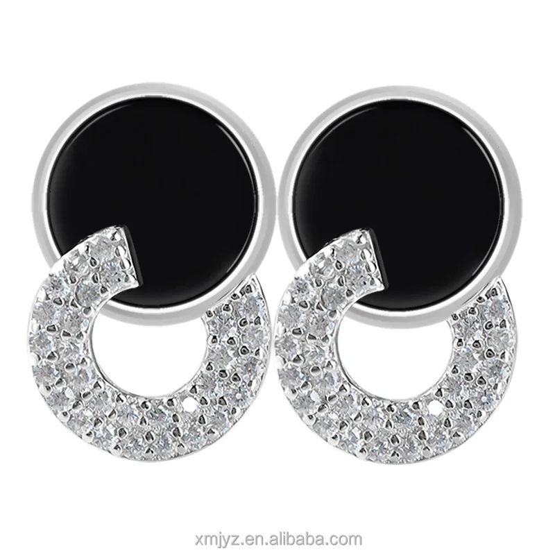 

Certified Grade A S925 Silver Inlaid Natural Black Jadeite Stud Earrings Fashion Women's High-End